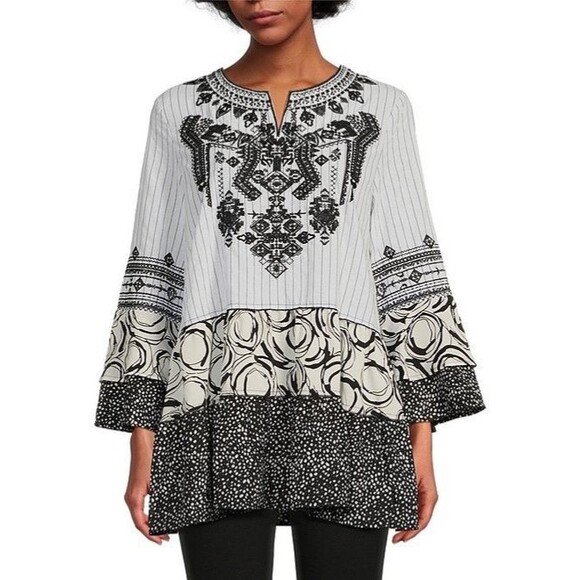 Calessa Women’s Embroidered Patchwork Split V-Neck 3/4 Bell Sleeve Tunic size M - Picture 1 of 10